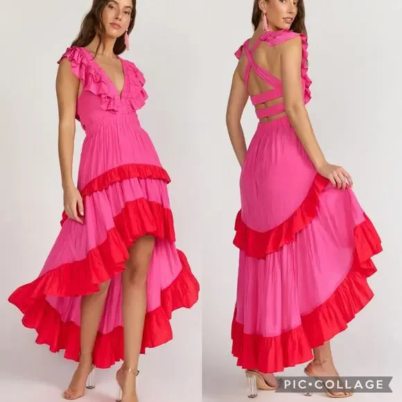 Anthropologie Do + Be Pink Red Ruffle Asymmetrical Maxi Dress L - Picture 2 of 6